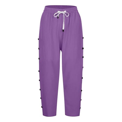Damenhose aus Baumwollleinen, 7/8-Länge, einfarbig, Sommerhose mit seitlichen Reihenknöpfen, Taschen mit Kordelzug, modische gerade 7/4-Hose für Büro, Urlaub, 03 Lila, Größe S Damenhose aus Baumwollleinen, 7/8-Länge, einfarbig, Sommerhose mit seitlichen Reihenknöpfen, Taschen mit Kordelzug, modische gerade 7/4-Hose für Büro, Urlaub, 03 Lila, Größe S von SPSMOKH