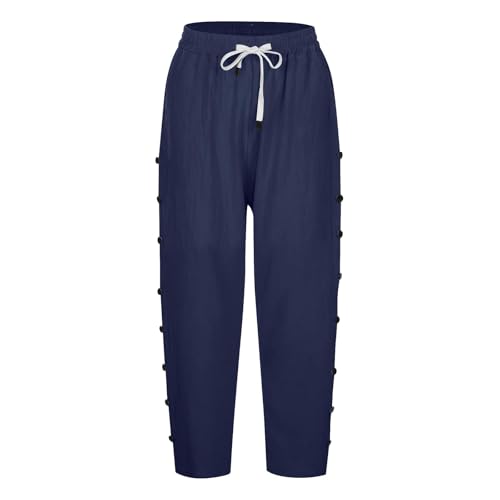 Damenhose aus Baumwollleinen, 7/8-Länge, einfarbig, Sommerhose mit seitlichen Reihenknöpfen, Taschen mit Kordelzug, modische gerade 7/4-Hose für Büro, Urlaub, 03 Marineblau, XXL Damenhose aus Baumwollleinen, 7/8-Länge, einfarbig, Sommerhose mit seitlichen Reihenknöpfen, Taschen mit Kordelzug, modische gerade 7/4-Hose für Büro, Urlaub, 03 Marineblau, XXL von SPSMOKH