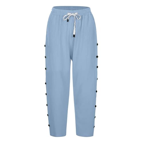 Damenhose aus Baumwollleinen, 7/8-Länge, einfarbig, Sommerhose mit seitlichen Reihenknöpfen, Taschen mit Kordelzug, modische gerade 7/4-Hose für Büro, Urlaub, Hellblau, Größe S Damenhose aus Baumwollleinen, 7/8-Länge, einfarbig, Sommerhose mit seitlichen Reihenknöpfen, Taschen mit Kordelzug, modische gerade 7/4-Hose für Büro, Urlaub, Hellblau, Größe S von SPSMOKH