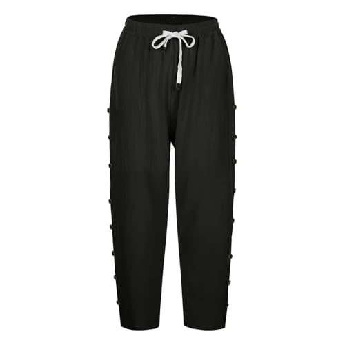 Damenhose aus Baumwollleinen, 7/8-Länge, einfarbig, Sommerhose mit seitlichen Reihenknöpfen, Taschen mit Kordelzug, modische gerade 7/4-Hose für Büro, Urlaub, Schwarz, Größe S Damenhose aus Baumwollleinen, 7/8-Länge, einfarbig, Sommerhose mit seitlichen Reihenknöpfen, Taschen mit Kordelzug, modische gerade 7/4-Hose für Büro, Urlaub, Schwarz, Größe S von SPSMOKH