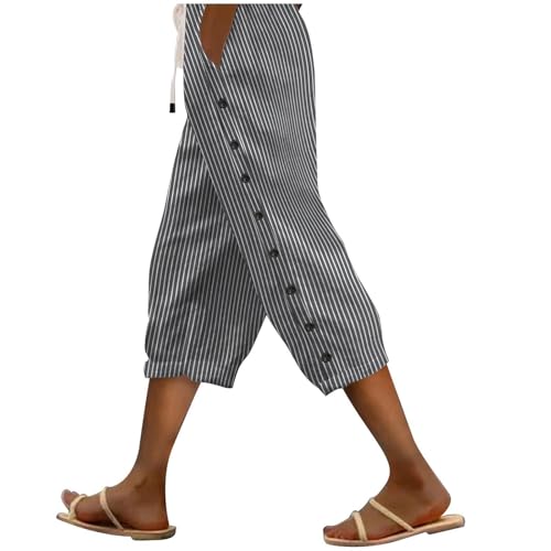 Damenhose aus Baumwollleinen, 7/8-Länge, einfarbig, Sommerhose mit seitlichen Reihenknöpfen, Taschen mit Kordelzug, modische gerade 7/4-Hose für Büro, Urlaub (TYPE - 2, XL) von SPSMOKH