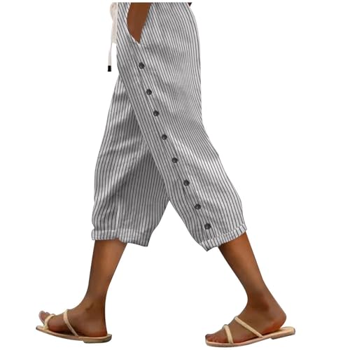 Damenhose aus Baumwollleinen, 7/8-Länge, einfarbig, Sommerhose mit seitlichen Reihenknöpfen, Taschen mit Kordelzug, modische gerade 7/4-Viertelhose für Büro, Urlaub (TYPE - 4, M) von SPSMOKH