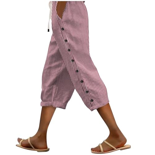 Damenhose aus Baumwollleinen in 7/8-Länge, einfarbig, Sommerhose mit seitlichen Reihenknöpfen, Taschen mit Kordelzug, modisch, gerade 7/4-Hose für Büro, Urlaub (TYPE - 3, S) von SPSMOKH