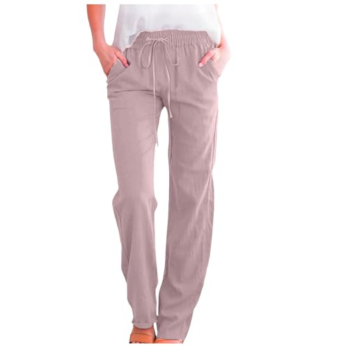 Damenhose aus Leinen und Baumwolle, einfarbig, Kordelzug, gerade Hose, Leinen, Freizeithose, modische Businesshose, elastische Taille, schmales/gerades Bein, Sommer-Strandhose mit Taschen (#A12 Pink Damenhose aus Leinen und Baumwolle, einfarbig, Kordelzug, gerade Hose, Leinen, Freizeithose, modische Businesshose, elastische Taille, schmales/gerades Bein, Sommer-Strandhose mit Taschen (#A12 Pink von SPSMOKH