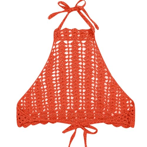 Gestricktes Häkel-Bikinioberteil für Damen, Neckholder, rückenfrei, Strandmode, Neck-Lätzchen, Badeanzug separat (Orange, M) von SPSMOKH