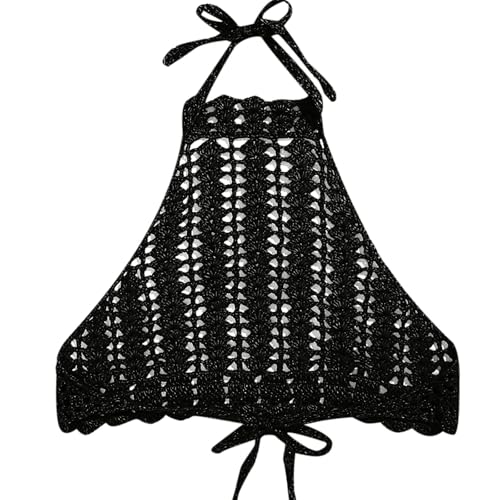 Gestricktes Häkel-Bikinioberteil für Damen, Neckholder, rückenfrei, Strandmode, Neck-Lätzchen, Badeanzug separat (Schwarz, L) von SPSMOKH