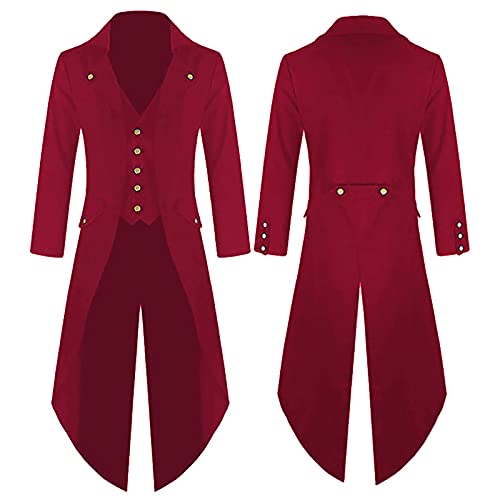 Gothic Frack Herren Halloween Mantel Mittelalter Steampunk Button Up Jacke Viktorianische Vintage Cosplay Halloween Kostüme Renaissance Stickerei Mantel Party Cosplay Pirat Vampir Gentleman (Rot, XXL) von SPSMOKH