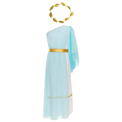 Griechische Prinzessinnen-Anzüge für Kinder, einschultrig, Toga-Kleid mit Lorbeer, Gott des Krieges Kleidung (Hellblau, 5–6 Jahre) von SPSMOKH
