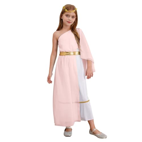 Griechische Prinzessinnen-Anzüge für Kinder, einschultrig, Toga-Kleid mit Lorbeer, Gott des Krieges Kleidung (Rosa, 15–16 Jahre) von SPSMOKH
