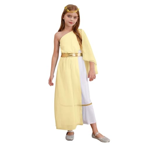 Griechische Prinzessinnen-Anzüge für Kinder, einschultrig, Toga-Kleid mit Lorbeergott des Krieges Kleidung (Gelb, 15–16 Jahre) von SPSMOKH