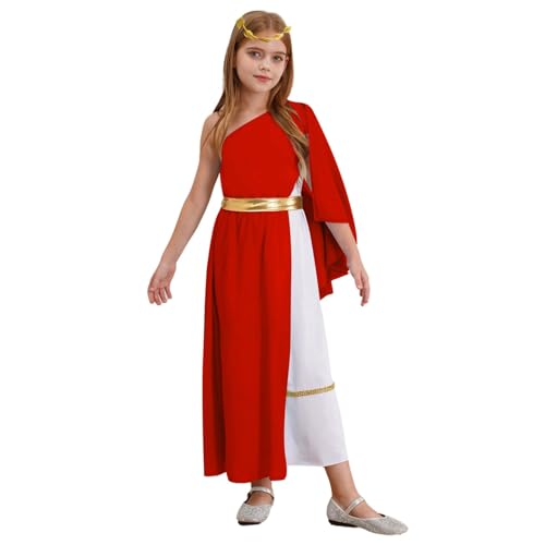 Griechische Prinzessinnen-Anzüge für Kinder, einschultrig, Toga-Kleid mit Lorbeergott des Krieges Kleidung (Rot, 15–16 Jahre) von SPSMOKH