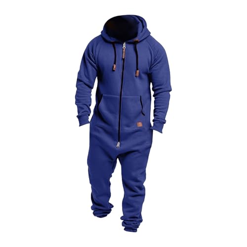 Herren Einteiler mit Kapuze und Reißverschluss, Winter-Fleece-Jumpsuit, Thermo-Loungewear für Erwachsene, mit Taschen, lässige Sportbekleidung zum Faulenzen, Schlafen, Weihnachten (#A1 Blau, XXL) von SPSMOKH