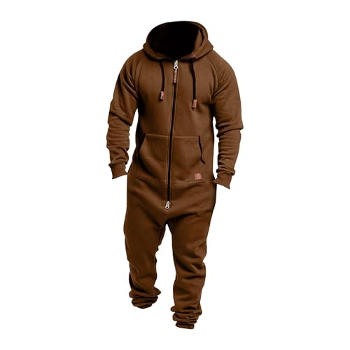 Herren Einteiler mit Kapuze und Reißverschluss, Winter-Fleece-Jumpsuit, Thermo-Loungewear für Erwachsene, mit Taschen, lässige Sportbekleidung zum Faulenzen, Schlafen, Weihnachten (#A2, Kaffee, XXL) von SPSMOKH