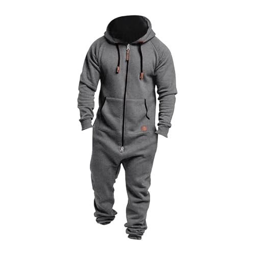 Herren Einteiler mit Kapuze und Reißverschluss, Winter-Fleece-Jumpsuit, Thermo-Loungewear für Erwachsene, mit Taschen, lässige Sportbekleidung zum Faulenzen, Schlafen, Weihnachten (#A3 Grau, L) von SPSMOKH