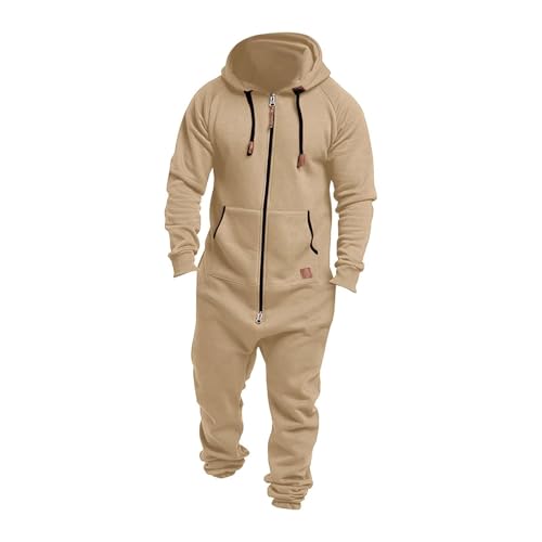 Herren Einteiler mit Kapuze und Reißverschluss, Winter-Fleece-Jumpsuit, Thermo-Loungewear für Erwachsene, mit Taschen, lässige Sportbekleidung zum Faulenzen, Schlafen, Weihnachten (#A4 Khaki, L) von SPSMOKH