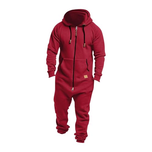 Herren Einteiler mit Kapuze und Reißverschluss, Winter-Fleece-Jumpsuit, Thermo-Loungewear für Erwachsene, mit Taschen, lässige Sportbekleidung zum Faulenzen, Schlafen, Weihnachten (#B6 Rot, 3XL) von SPSMOKH