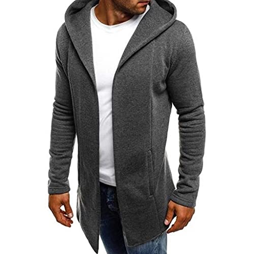 Herren Strickjacke mit Kapuze, langärmelig, stilvolle einfarbige Jacke, lässiger langer Mantel, Sport, Trenchcoat, Sweatjacke mit Kapuze, moderner Pullover, offener Rand, Cardigan (Dunkelgrau, 3XL) von SPSMOKH