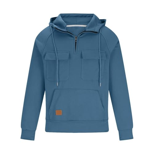 Herren Taktischer Hoodie 1/4 Zip Up - Einfarbig Sport Sweatshirt Langarm mit großen Taschen Doppeltasche Arbeitskleidung Tops (Blau, 3XL) von SPSMOKH