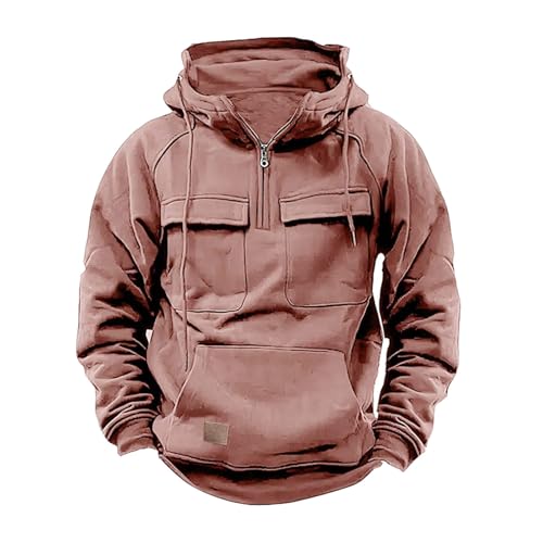 Herren Taktischer Hoodie 1/4 Zip Up - Einfarbig Sport Sweatshirt Langarm mit großen Taschen Doppeltasche Arbeitskleidung Tops (Hot Pink, XL) von SPSMOKH