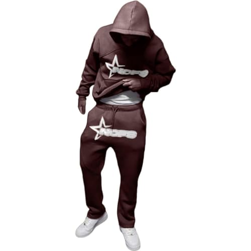 Herren Y2K Trainingsanzug - Kapuzen-Sweatshirt Sport-Set Langarm Sweatshirt und Hose Set 2 Stück Casual Sportsuit (B1Brown, M) von SPSMOKH