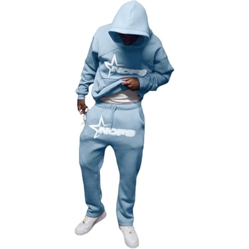 Herren Y2K Trainingsanzug - Kapuzen-Sweatshirt Sport-Set Langarm Sweatshirt und Hose Set 2 Stück Casual Sportsuit (B1Light Blue, XL) von SPSMOKH