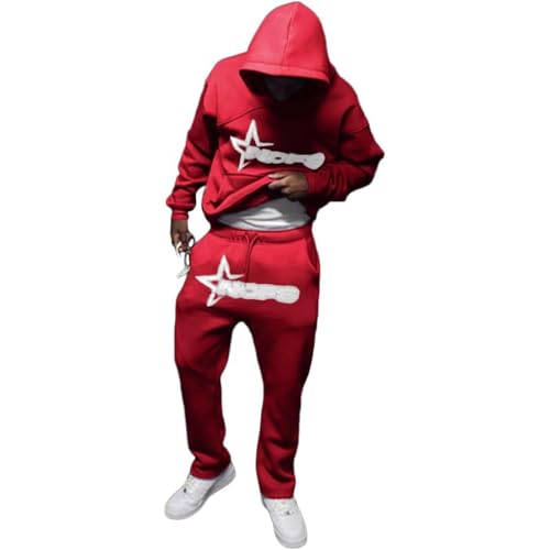 Herren Y2K Trainingsanzug - Kapuzen-Sweatshirt Sport-Set Langarm Sweatshirt und Hose Set 2 Stück Casual Sportsuit (B1Red, L) von SPSMOKH