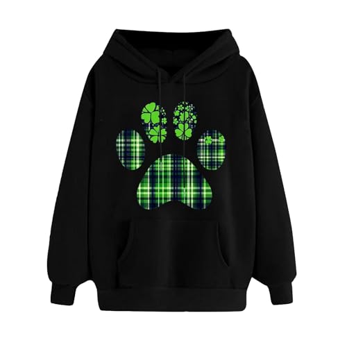 Kapuzenpullover für Damen, St. Patrick's Day, Sweatshirt mit Kapuze, lustiger Pullover, Tops, Damen-Kapuzenpullover, Sweatshirts, Kleeblatt-Shirt, Alltag, lässig, langärmelig (87#schwarz, L) von SPSMOKH