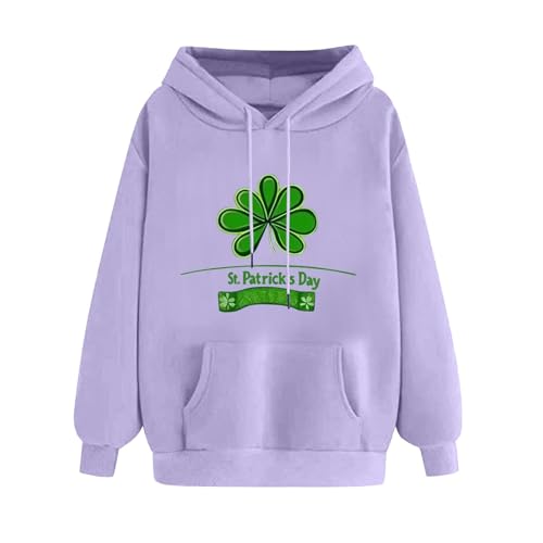 Kapuzenpullover für Damen, St. Patrick's Day-Sweatshirt, UK-Ausverkauf, lustiger Pullover, Tops, Damen-Kapuzenpullover, Sweatshirts, Kleeblatt-Shirt, Alltag, lässig, langärmelig (88#lila, L) von SPSMOKH