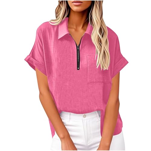 Kurzärmeliges Oberteil, 1/4-Reißverschluss, Baumwolle, Leinen, Übergröße, Blusen, V-Ausschnitt, Rollkragen, locker, elegante Blusen, Arbeit, Damen, Tops, Baggy, einfarbig, elegant (Hot Pink, XL) von SPSMOKH