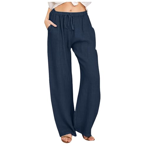 Lässige Strandhose für Damen, Leinen, Kordelzug, elastische Taille, weites Bein, einfarbig, leicht, locker, gerades Bein, Sommerhose (#A09 Navy, L) von SPSMOKH