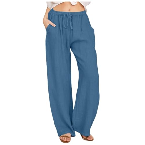 Lässige Strandhose für Damen, Leinen, Kordelzug, elastische Taille, weites Bein, einfarbig, leicht, locker, gerades Bein, Sommerhose (#A13 Blau, M) von SPSMOKH