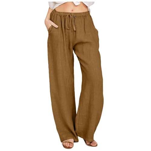 Lässige Strandhose für Damen, Leinen, Kordelzug, elastische Taille, weites Bein, einfarbig, leicht, locker, gerades Bein, Sommerhose (#A14 Braun, XXL) von SPSMOKH