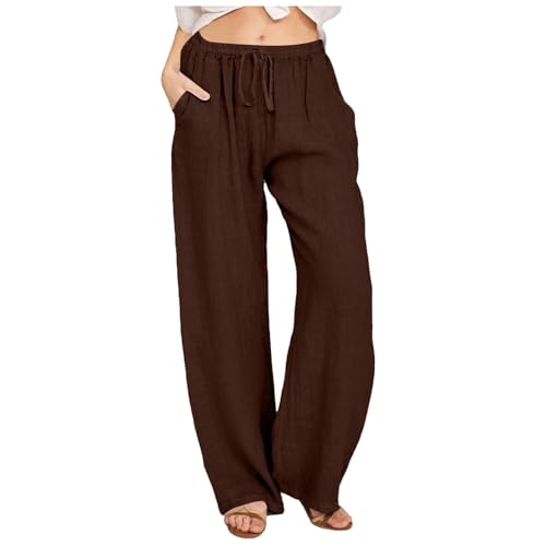 Lässige Strandhose für Damen, Leinen, Kordelzug, elastische Taille, weites Bein, einfarbig, leicht, lockeres gerades Bein, Sommerhose (#A12, Kaffee, XL) von SPSMOKH