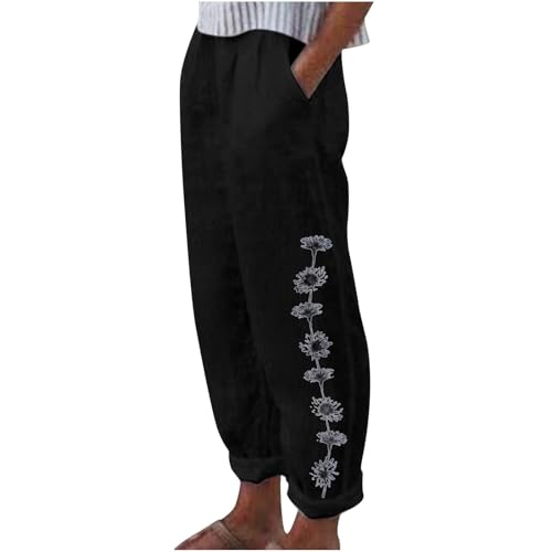 Leinenhose mit Sonnenblumen-Druck für Damen, elastisch, hohe Taille, gerades Bein, Freizeithose, Sommer, lockere Baumwoll-Leinen-Jogginghose im Jogger-Stil (03 Schwarz, XL) von SPSMOKH