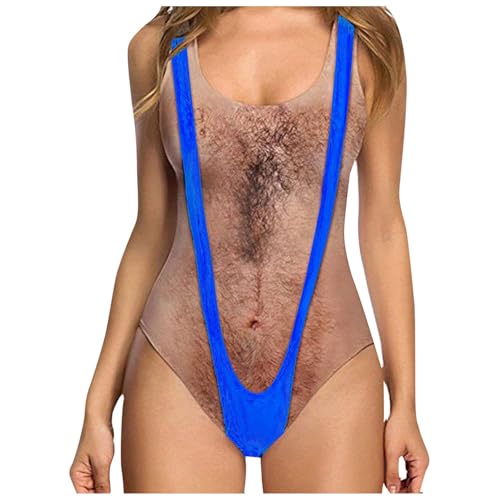 Lustiger Damen-Bikini und einteiliger Badeanzug | UK-Bauchkontrolle Bademode mit falschen Muskel- und Brusthaar-Print | ärmellose Strandmode mit hoher Taille für Urlaub (01 Blau, L) von SPSMOKH