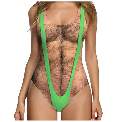 Lustiger Damen-Bikini und einteiliger Badeanzug | UK-Bauchkontrolle Bademode mit falschen Muskel- und Brusthaar-Print | ärmellose Strandmode mit hoher Taille für Urlaub (01 Grün, XL) von SPSMOKH