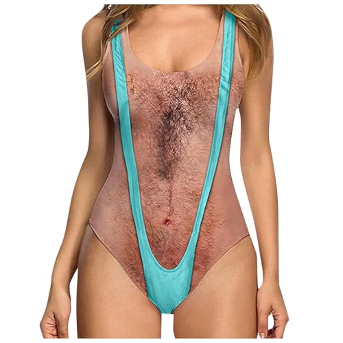 Lustiger Damen-Bikini und einteiliger Badeanzug | UK-Bauchkontrolle Bademode mit falschen Muskel- und Brusthaar-Print | ärmellose Strandmode mit hoher Taille für Urlaub (01 Hellblau, M) von SPSMOKH