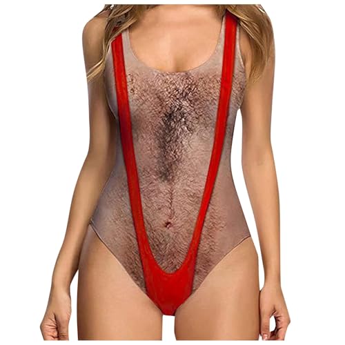 Lustiger Damen-Bikini und einteiliger Badeanzug | UK-Bauchkontrolle Bademode mit falschen Muskel- und Brusthaar-Print | ärmellose Strandmode mit hoher Taille für Urlaub (01 Rot, XXL) von SPSMOKH