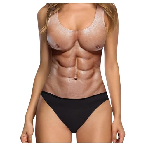 Lustiger Damen-Bikini und einteiliger Badeanzug | UK-Bauchkontrolle Bademode mit falschen Muskel- und Brusthaar-Print | ärmellose Strandmode mit hoher Taille für Urlaub (02 Schwarz, XXL) von SPSMOKH