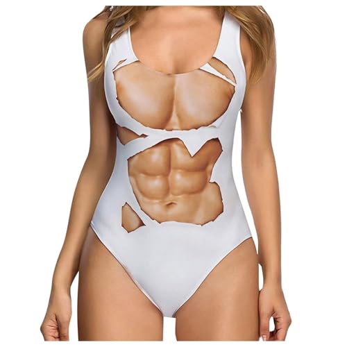 Lustiger Damen-Bikini und einteiliger Badeanzug | UK-Bauchkontrolle Bademode mit falschen Muskel- und Brusthaar-Print | ärmellose Strandmode mit hoher Taille für Urlaub (03 Weiß, L) von SPSMOKH