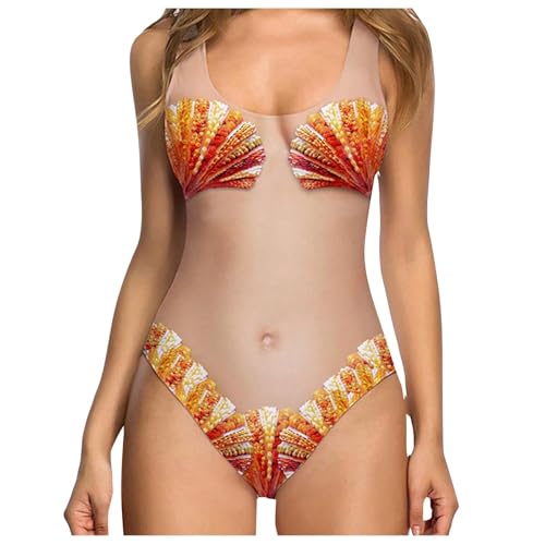 Lustiger Damen-Bikini und einteiliger Badeanzug | UK-Bauchkontrolle Bademode mit falschen Muskel- und Brusthaar-Print | ärmellose Strandmode mit hoher Taille für Urlaub (04 Khaki, XL) von SPSMOKH