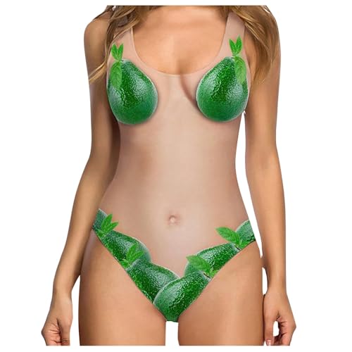 Lustiger Damen-Bikini und einteiliger Badeanzug | UK-Bauchkontrolle Bademode mit falschen Muskel- und Brusthaar-Print | ärmellose Strandmode mit hoher Taille für Urlaub (05 Grün, M) von SPSMOKH