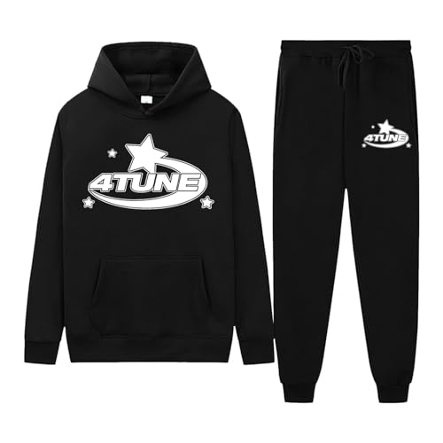 NOFS Herren Y2K Trainingsanzug - Hoodie & Jogginghose Set Brief Druck Sportanzug Casual Langarm Hose Sportswear Mode Hoodie Anzug Warm Streetwear für Sport Jogging Gym (A2Black, L) von SPSMOKH