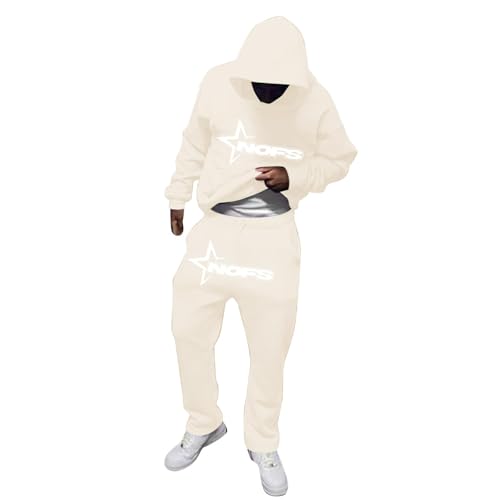 NOFS Herren Y2K Trainingsanzug - Hoodie & Jogginghose Set Brief Druck Sportanzug Casual Langarm Hose Sportswear Mode Hoodie Anzug Warm Streetwear für Sport Jogging Gym (Beige, L) von SPSMOKH