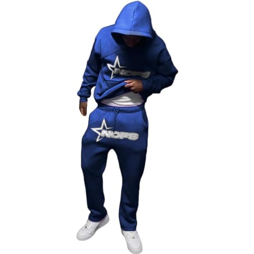 NOFS Herren Y2K Trainingsanzug - Hoodie & Jogginghose Set Brief Druck Sportanzug Casual Langarm Hose Sportswear Mode Hoodie Anzug Warm Streetwear für Sport Jogging Gym (Blau, XXL) von SPSMOKH