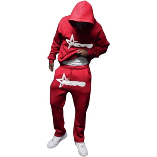 NOFS Herren Y2K Trainingsanzug - Hoodie & Jogginghose Set Brief Druck Sportanzug Casual Langarm Hose Sportswear Mode Hoodie Anzug Warm Streetwear für Sport Jogging Gym (Rot, M) von SPSMOKH