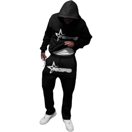 NOFS Herren Y2K Trainingsanzug - Hoodie & Jogginghose Set Brief Druck Sportanzug Casual Langarm Hose Sportswear Mode Hoodie Anzug Warm Streetwear für Sport Jogging Gym (Schwarz, S) von SPSMOKH