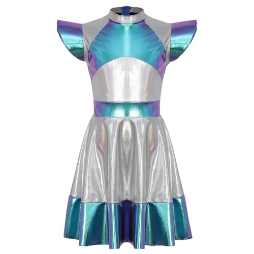 SPSMOKH Alien-Mädchen-Kostüm, glänzend, Flatterärmel, Tutu, Tanzkleid, Roboter-Mottoparty, Verkleiden (Blau, 13–14 Jahre) von SPSMOKH
