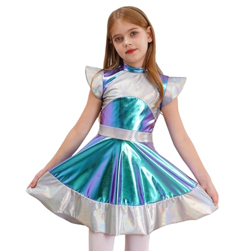 SPSMOKH Alien-Mädchen-Kostüm, glänzend, Flatterärmel, Tutu, Tanzkleid, Roboter-Mottoparty, Verkleiden (Silber, 7–8 Jahre) von SPSMOKH