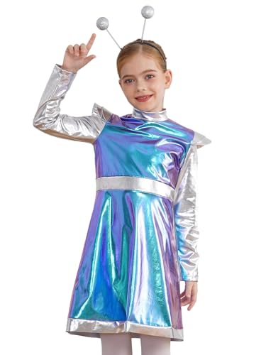 SPSMOKH Alien Outerspace Kleid für Kinder, Mädchen, metallisch, Roboter, A-Linie, Kleid mit Feeler-Stirnband, Blau, 15–16 Jahre SPSMOKH Alien Outerspace Kleid für Kinder, Mädchen, metallisch, Roboter, A-Linie, Kleid mit Feeler-Stirnband, Blau, 15–16 Jahre von SPSMOKH
